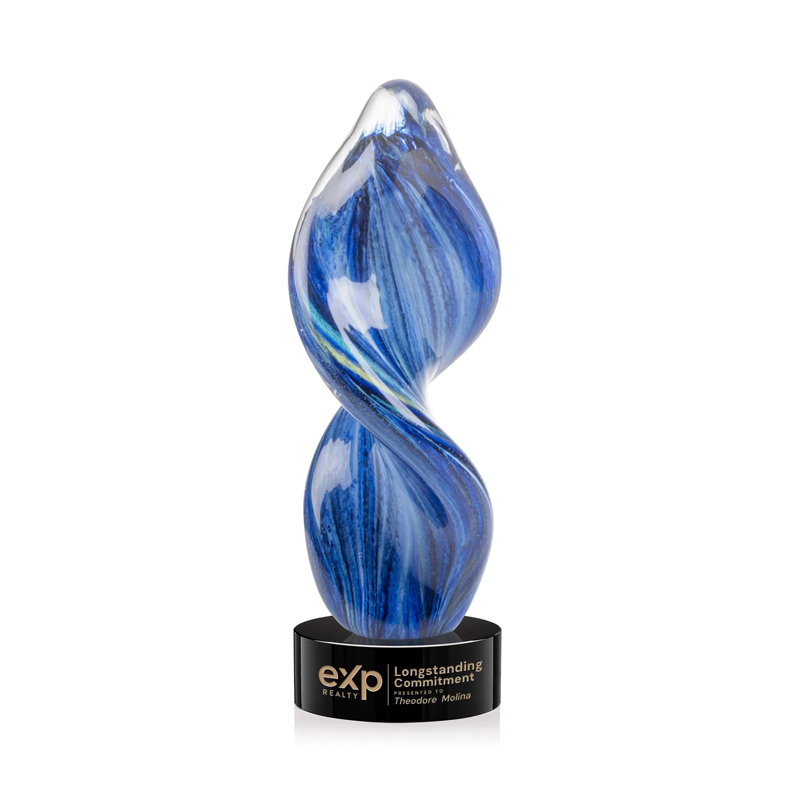 Custom Glass Award With Blue Accents Suspended in a Twisting Form for corporate award ceremonies