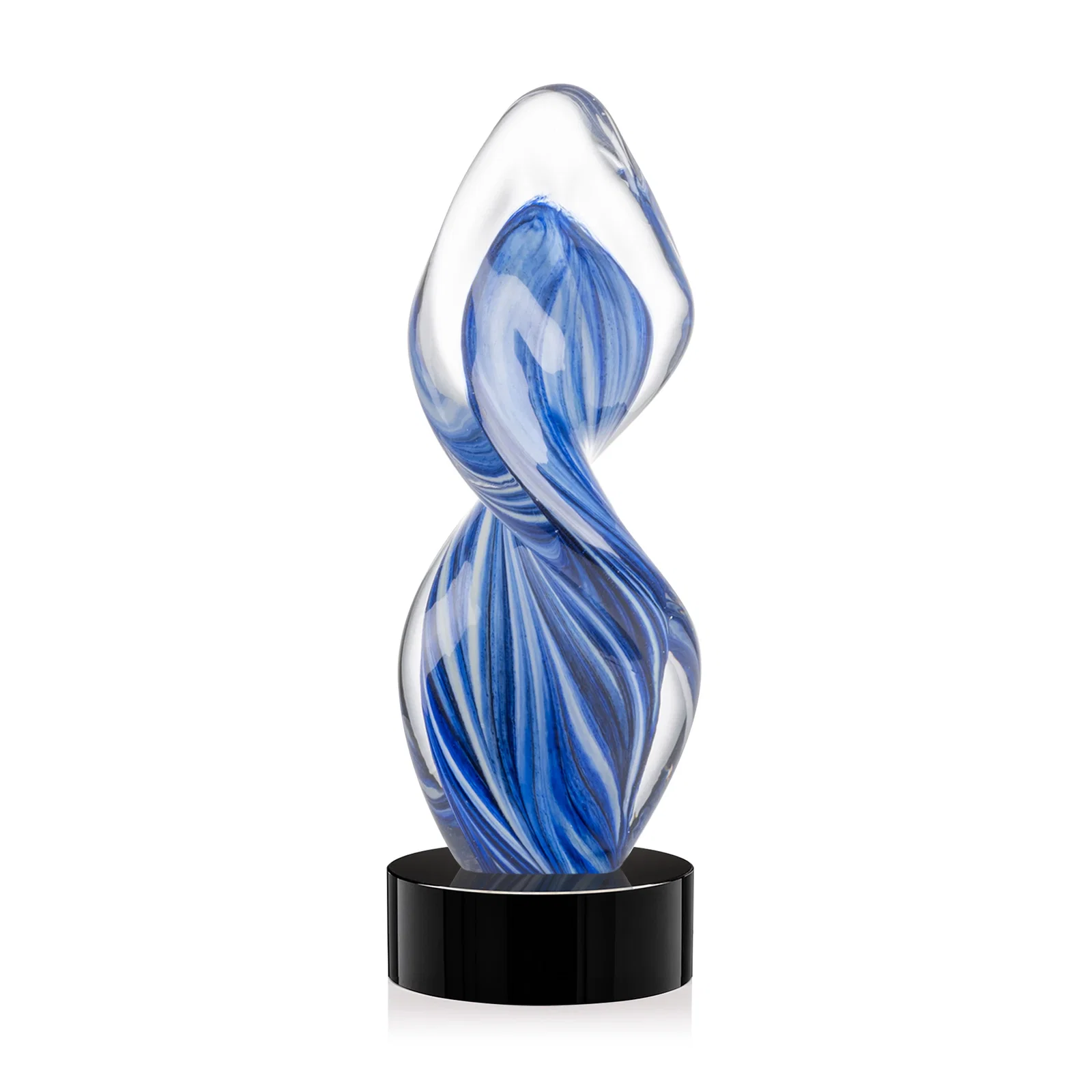 Personalized Glass Award With Blue Accents Suspended in a Twisting Form for team milestone celebrations
