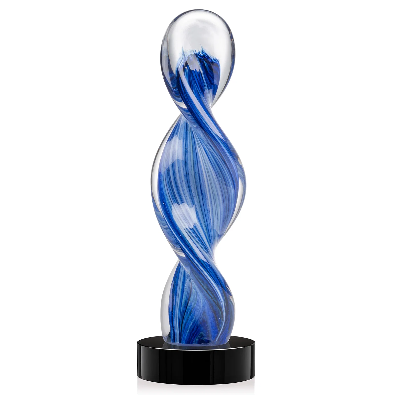 Personalized Glass Award With Blue Accents Suspended in a Twisting Form for graduation ceremonies