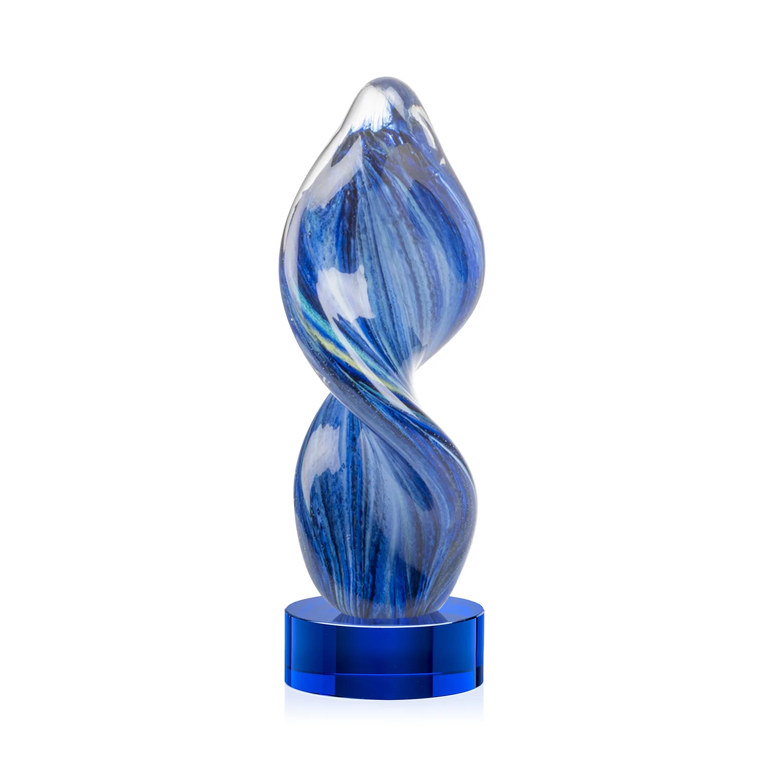 Personalized Glass Award With Blue Accents Suspended in a Twisting Form for safety achievement programs