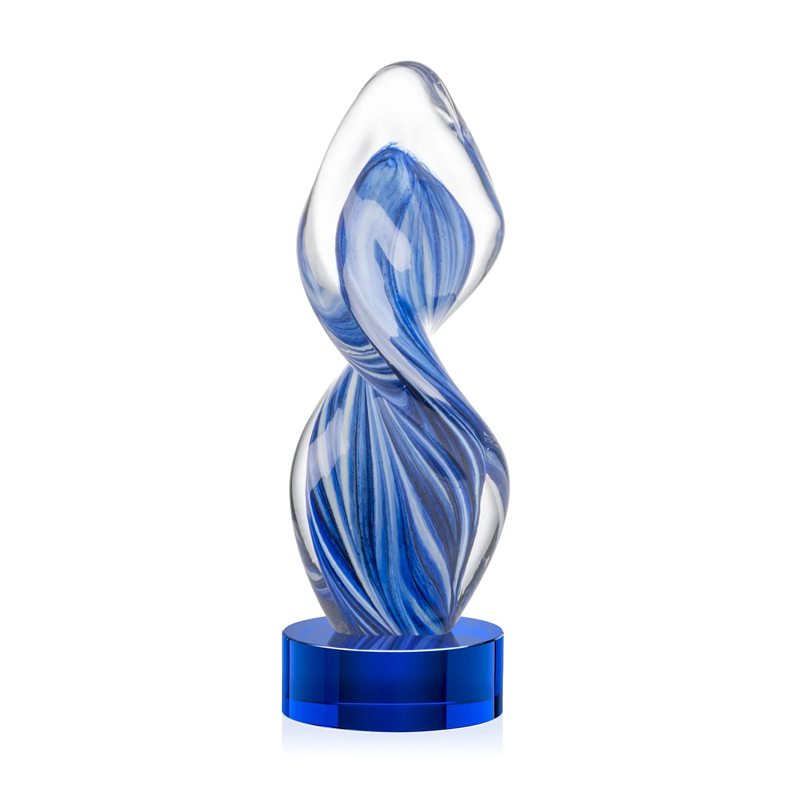 Personalized Glass Award With Blue Accents Suspended in a Twisting Form for volunteer appreciation