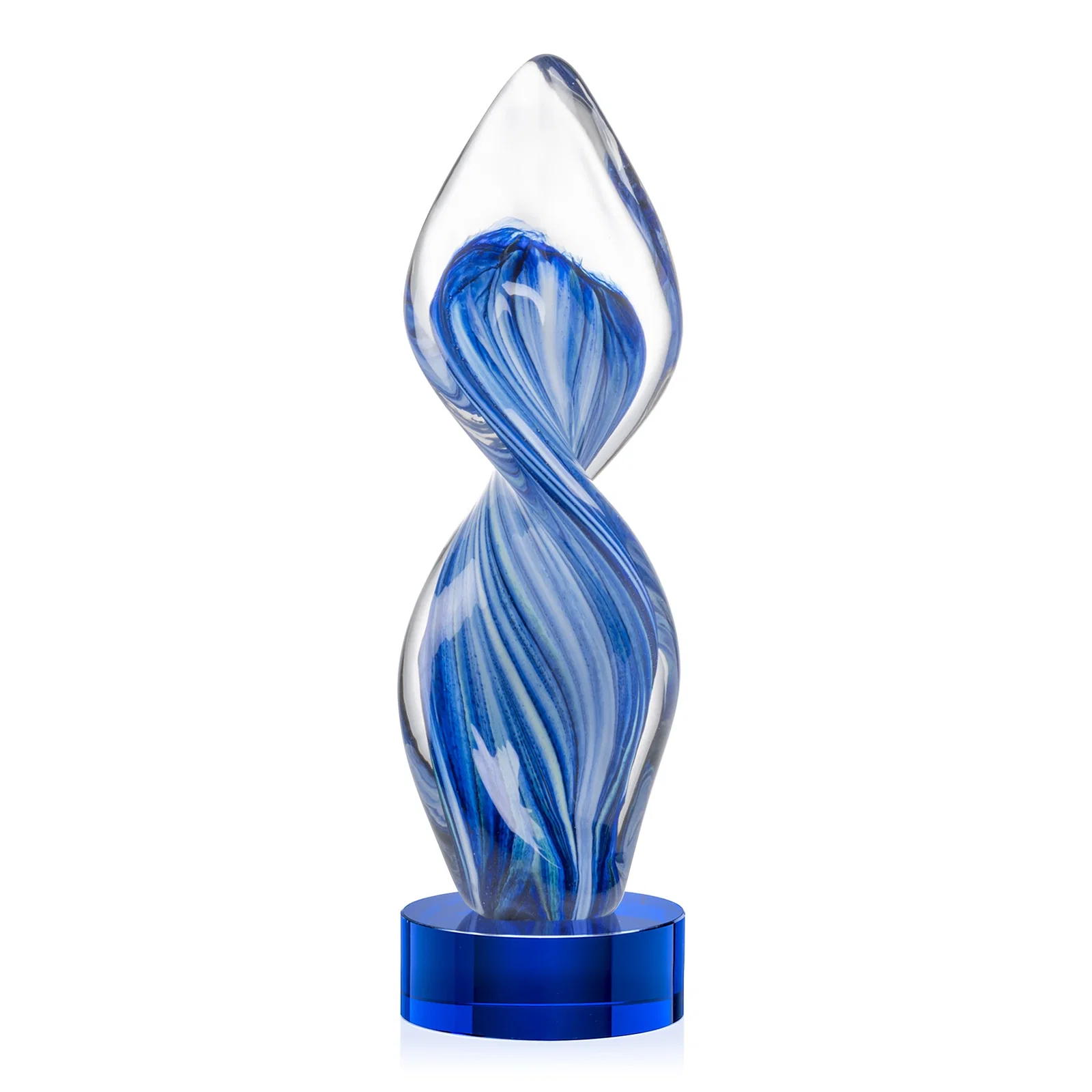 Personalized Glass Award With Blue Accents Suspended in a Twisting Form for dealer and partner awards