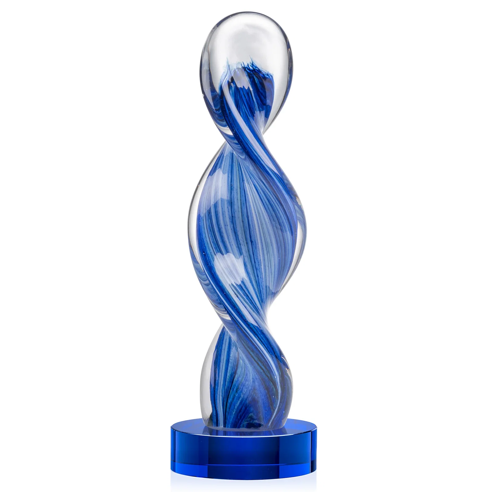 Personalized Glass Award With Blue Accents Suspended in a Twisting Form for company anniversary events