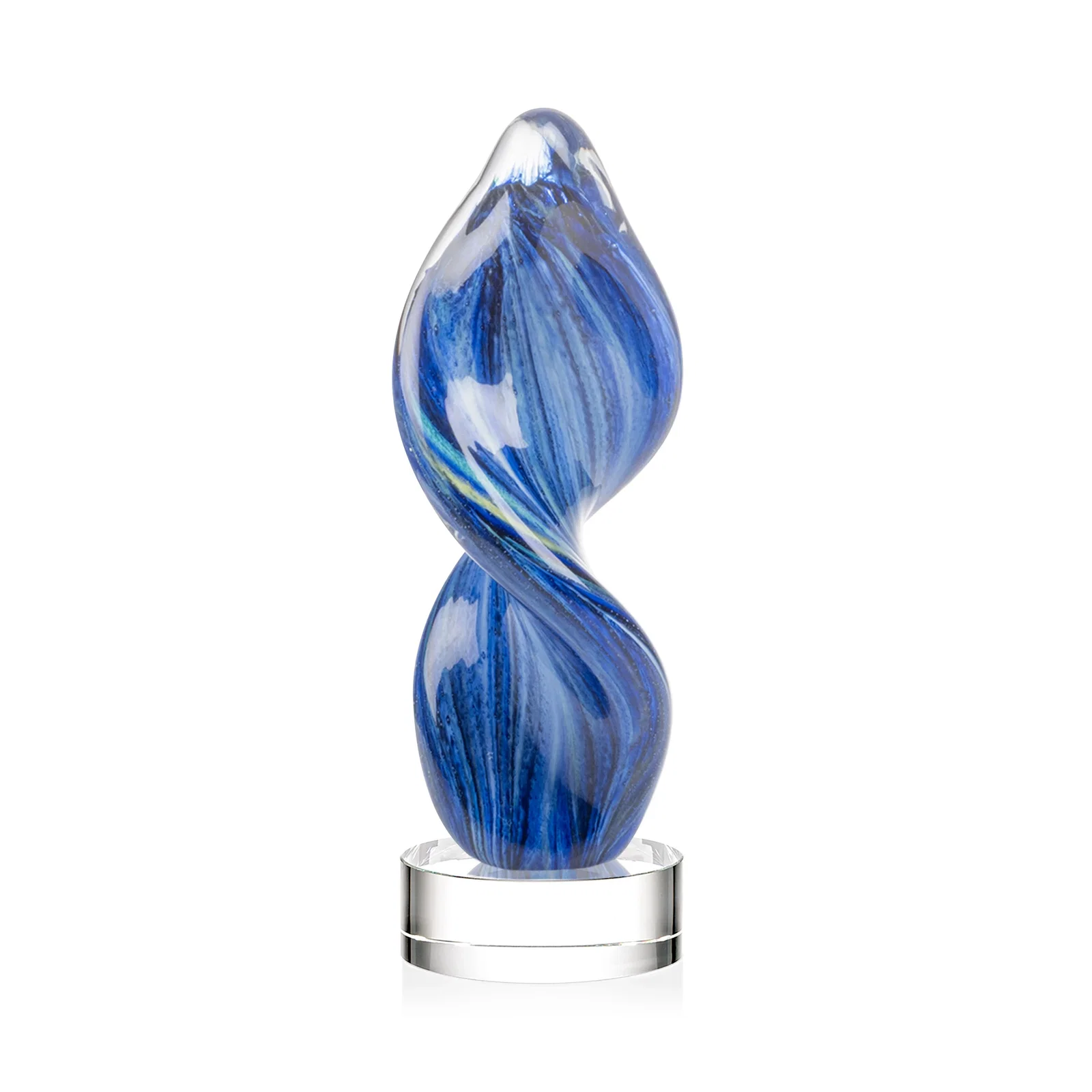 Promotional Glass Award With Blue Accents Suspended in a Twisting Form for employee recognition