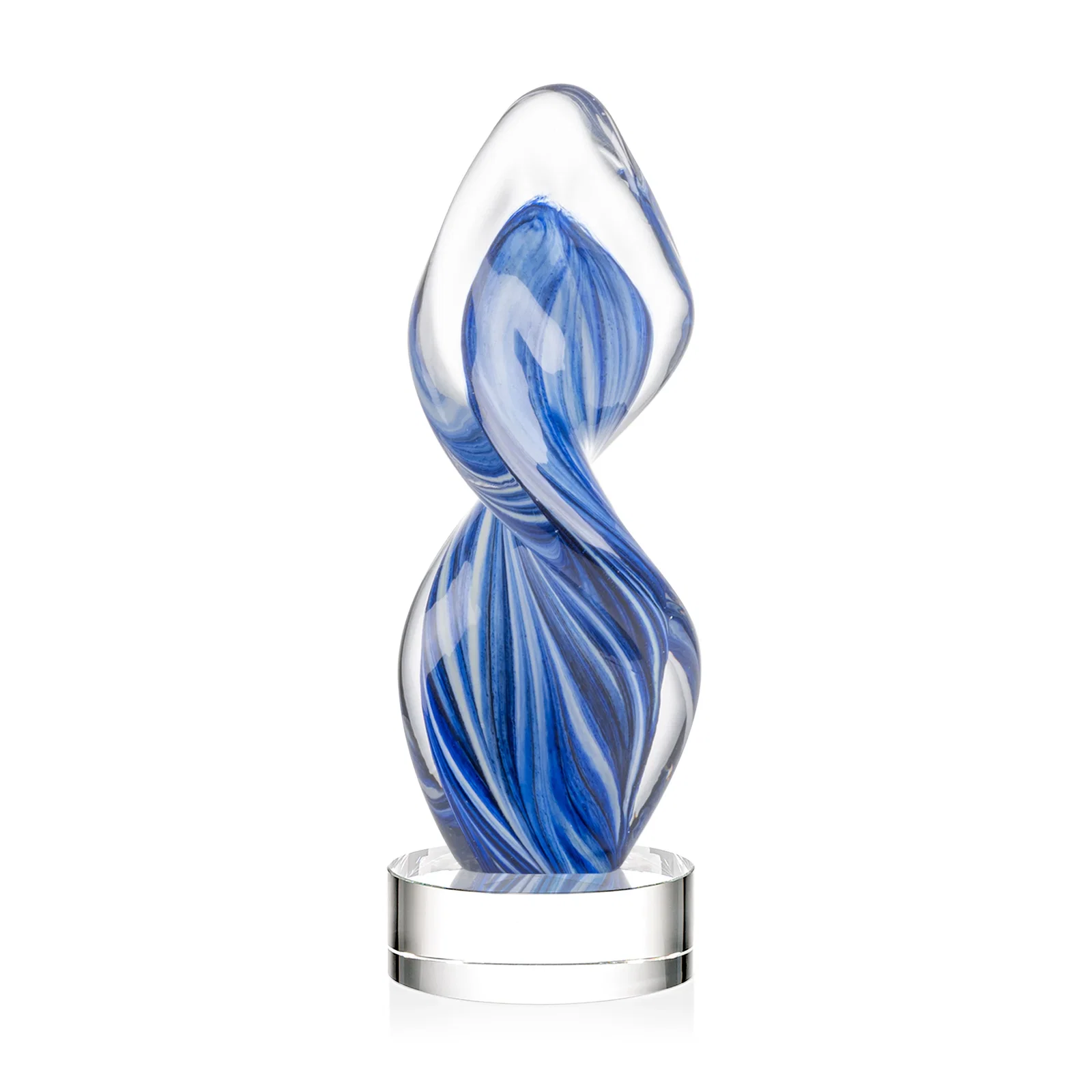 Promotional Glass Award With Blue Accents Suspended in a Twisting Form for corporate award ceremonies