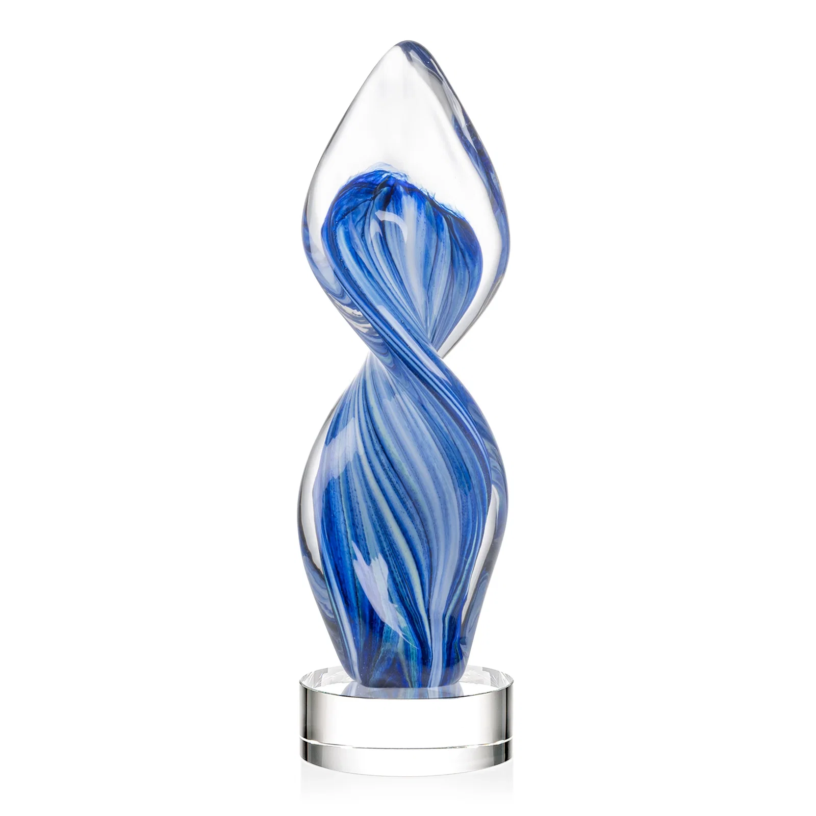 Promotional Glass Award With Blue Accents Suspended in a Twisting Form for service anniversary gifts