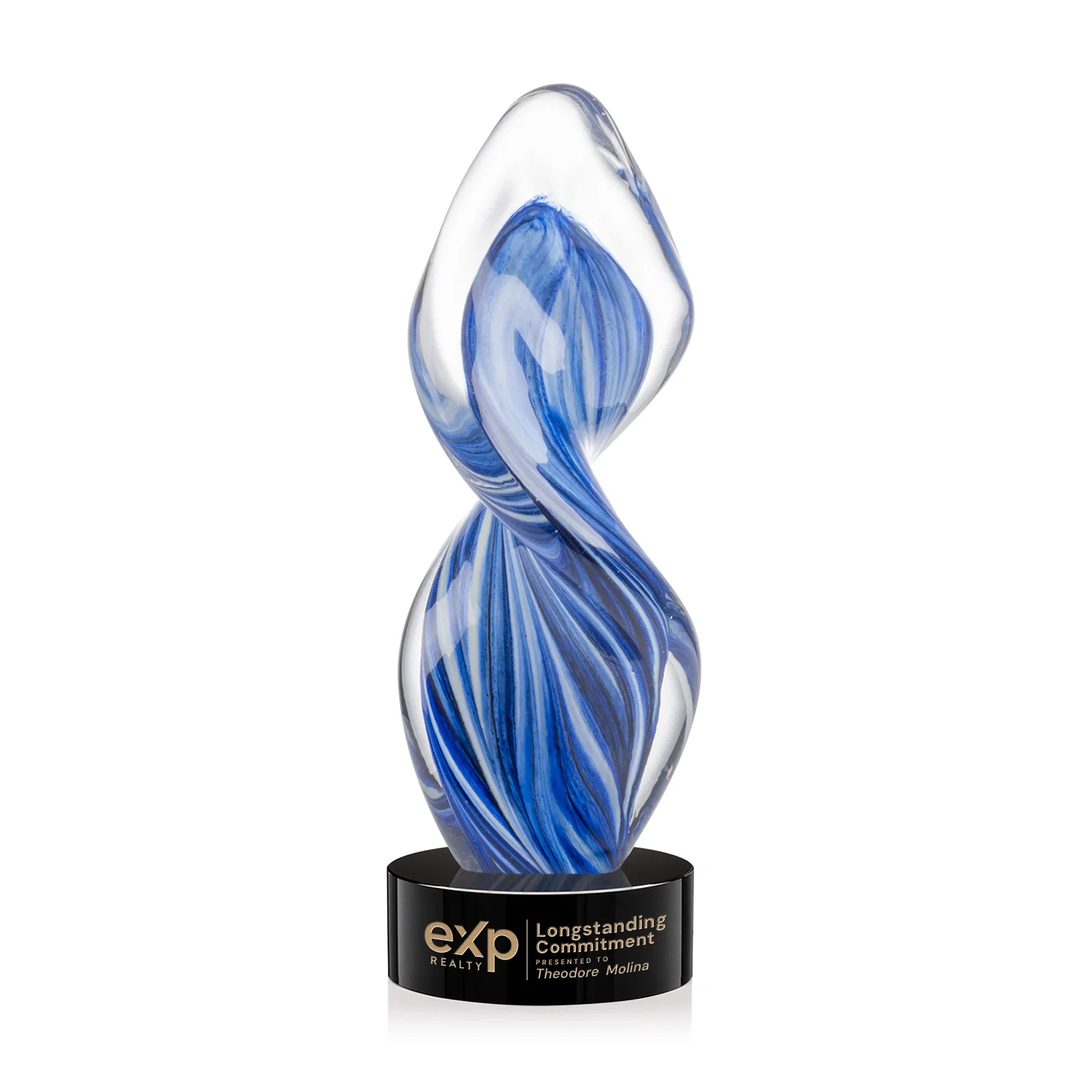 Custom Glass Award With Blue Accents Suspended in a Twisting Form for service anniversary gifts