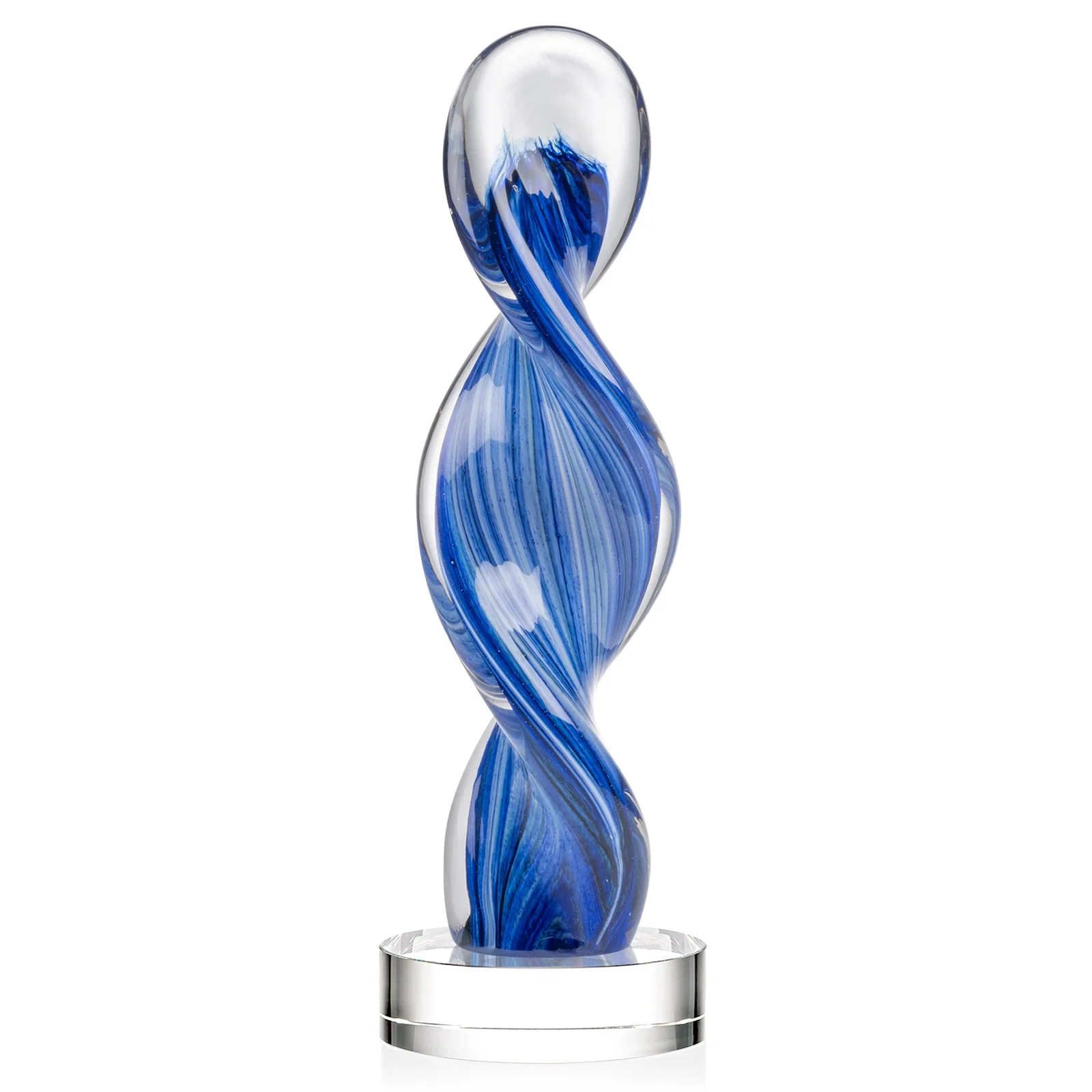 Promotional Glass Award With Blue Accents Suspended in a Twisting Form for sales achievement awards