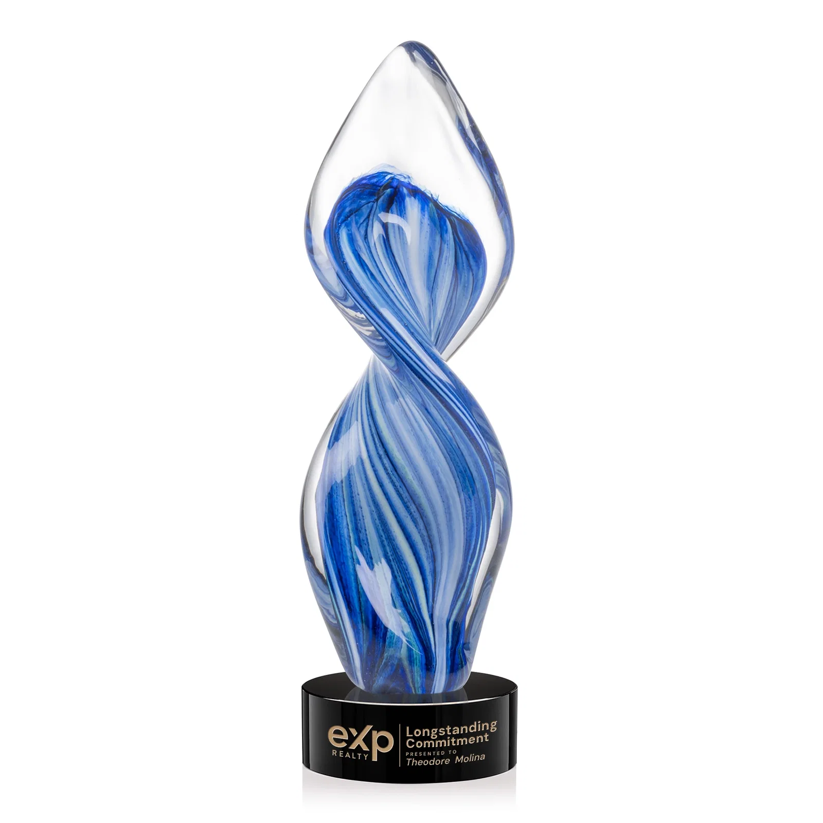 Custom Glass Award With Blue Accents Suspended in a Twisting Form for sales achievement awards