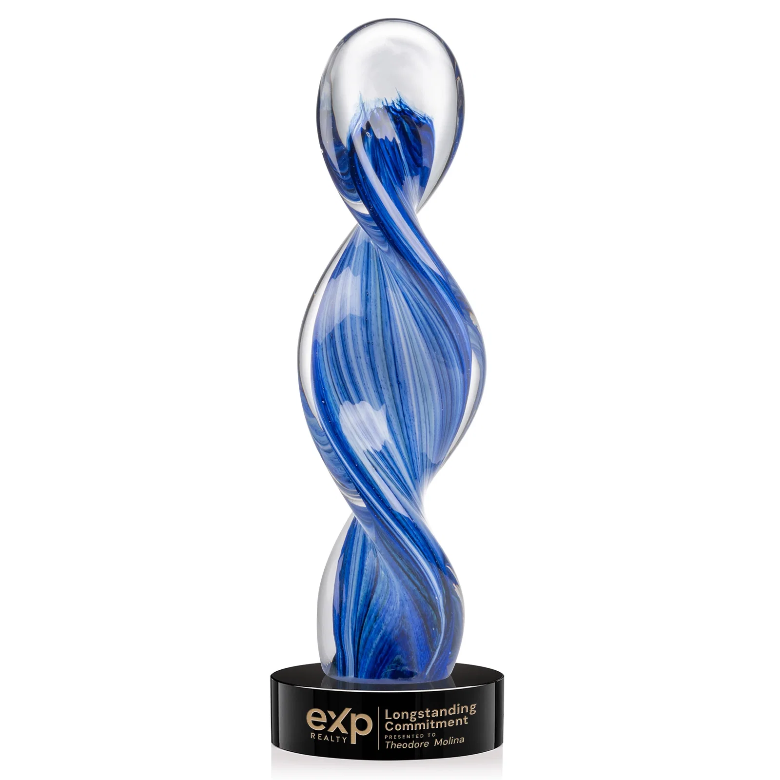 Custom Glass Award With Blue Accents Suspended in a Twisting Form for retirement presentations