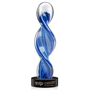 Glass Award With Blue Accents Suspended in a Twisting Form