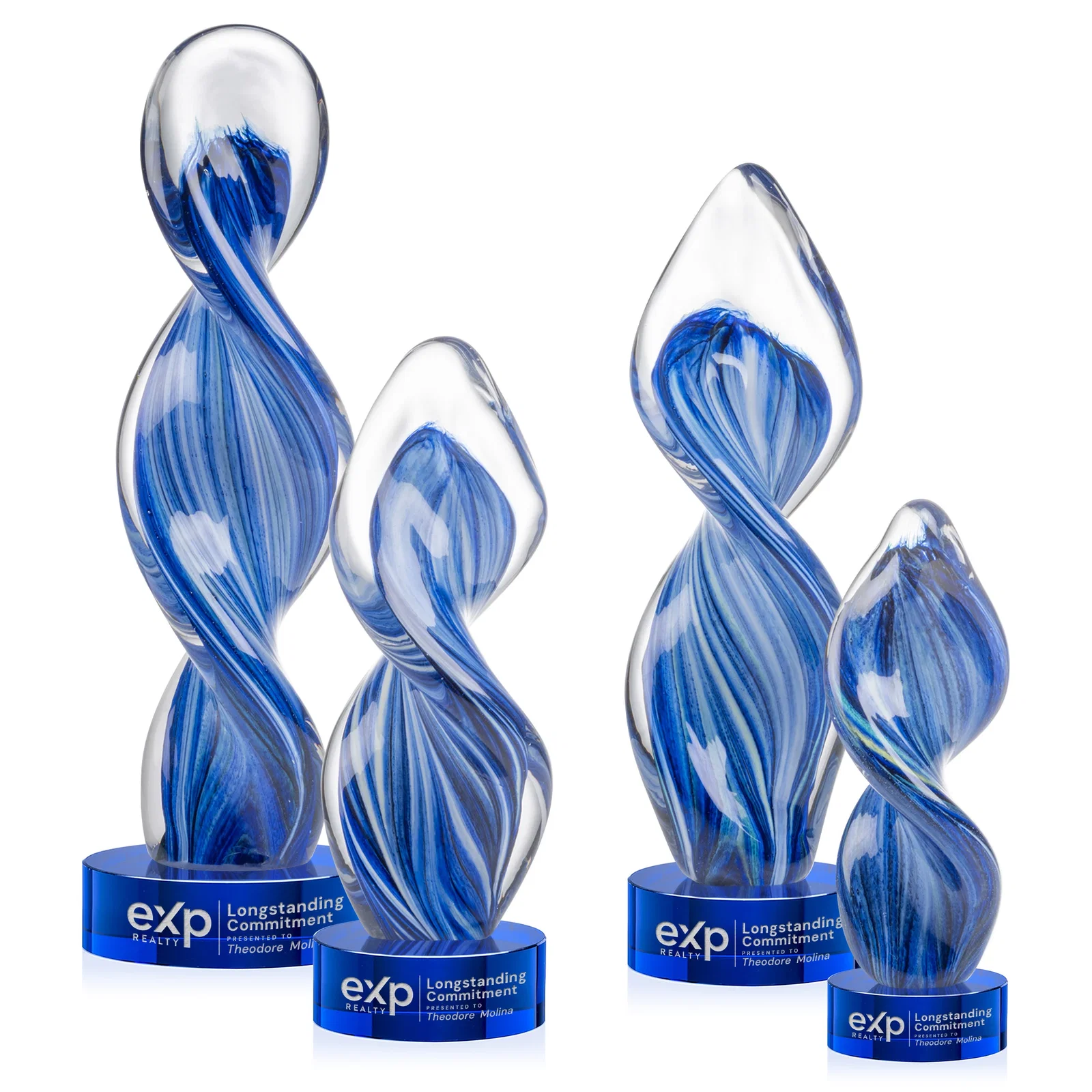 Custom Glass Award With Blue Accents Suspended in a Twisting Form for donor appreciation