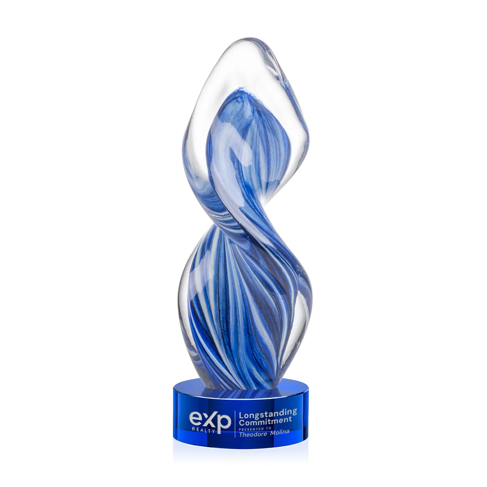 Custom Glass Award With Blue Accents Suspended in a Twisting Form for safety achievement programs