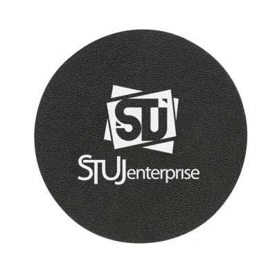 Black bonded leather coaster measuring three and a half inches across
