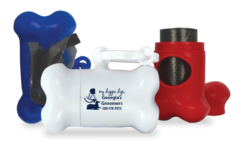 Bone-shaped leash-clip waste bag dispenser for veterinary clinic and dog park giveaways