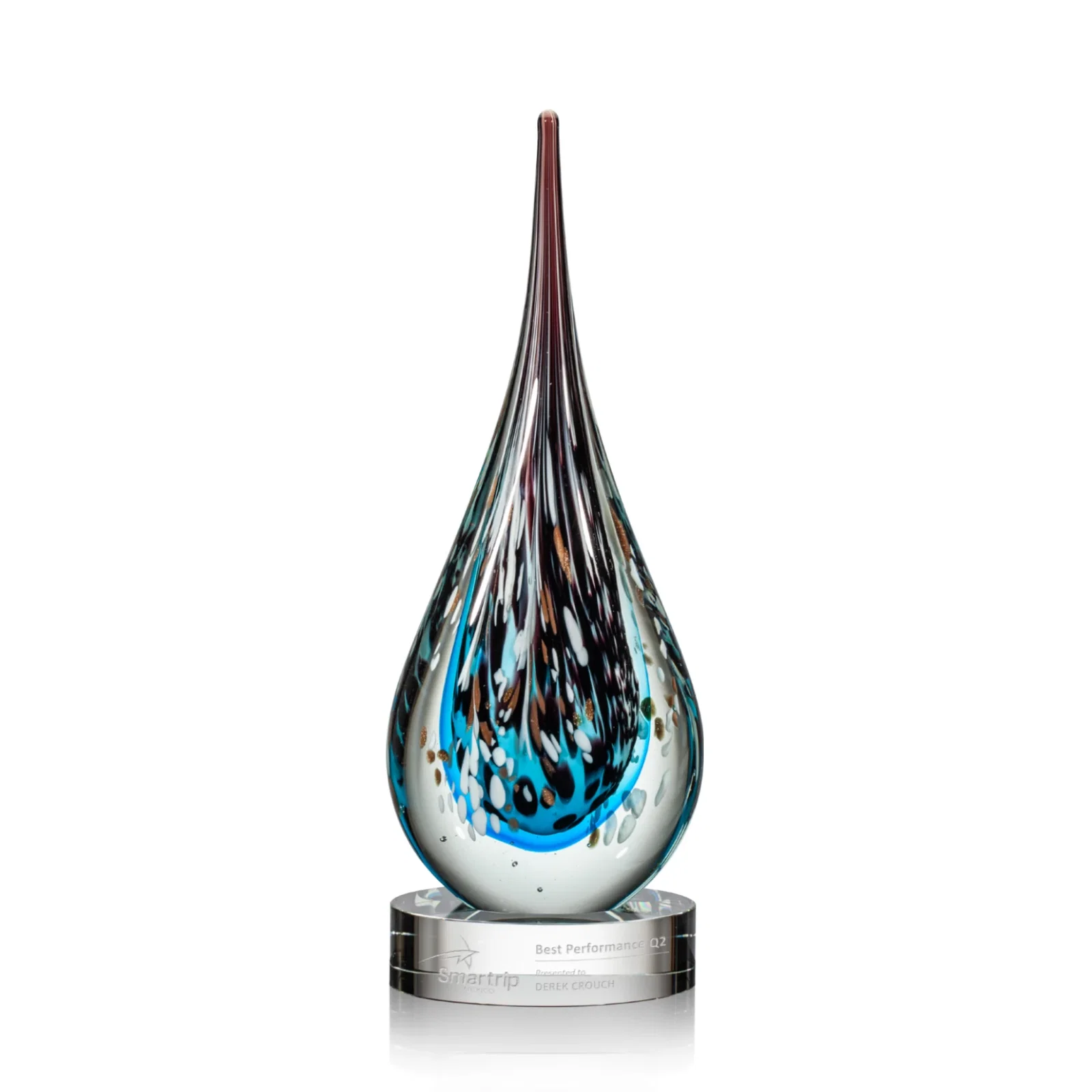 Custom Sapphire Copper and Black Swirl Glass Teardrop Award for corporate award ceremonies