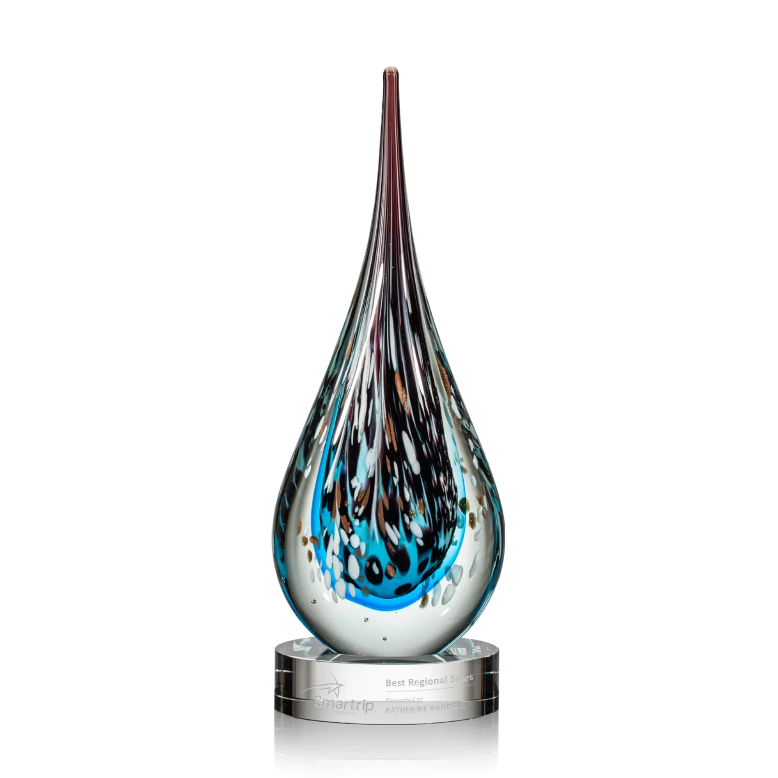 Custom Sapphire Copper and Black Swirl Glass Teardrop Award for service anniversary gifts