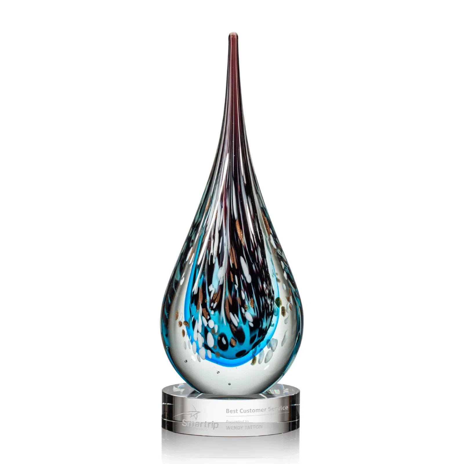 Custom Sapphire Copper and Black Swirl Glass Teardrop Award for sales achievement awards