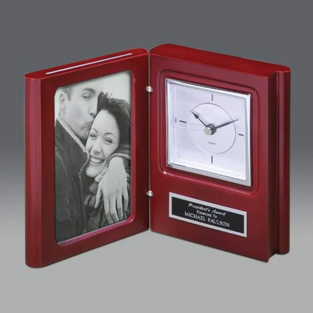 Custom Mahogany Finish Book Clock With Photo Frame for employee recognition