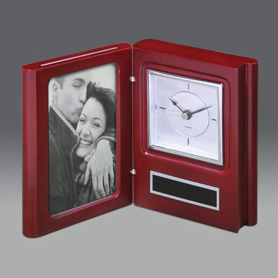 Custom Mahogany Finish Book Clock With Photo Frame for corporate award ceremonies