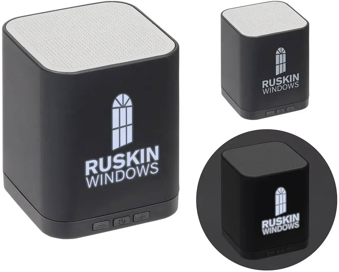 Boost 3W Light-Up Wireless Speaker, custom branded wireless speaker front view with glowing logo