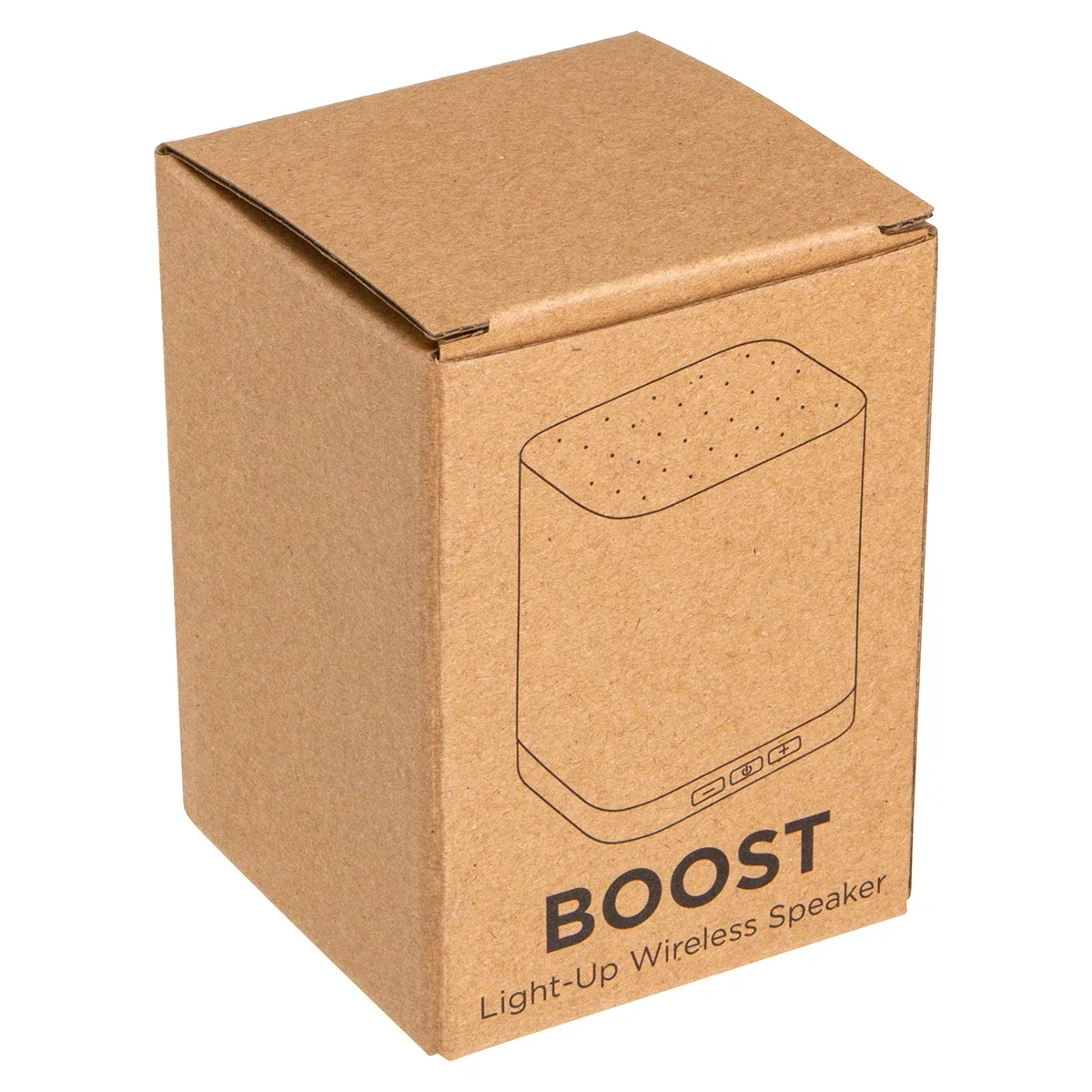 Boost 3W wireless speaker with laser-engraved logo that lights up and front music control buttons