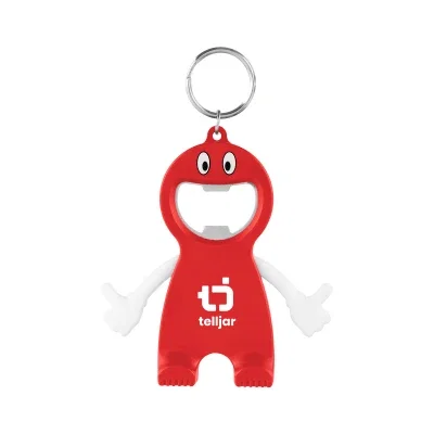 Black and white bottle opener keychain with a rounded body