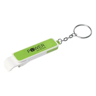 White bottle opener keychain that doubles as a phone stand