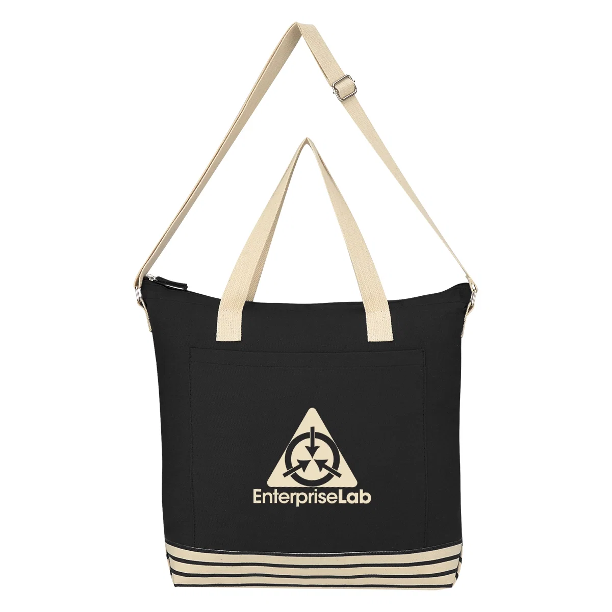 Natural cotton tote bag with black trim shown upright