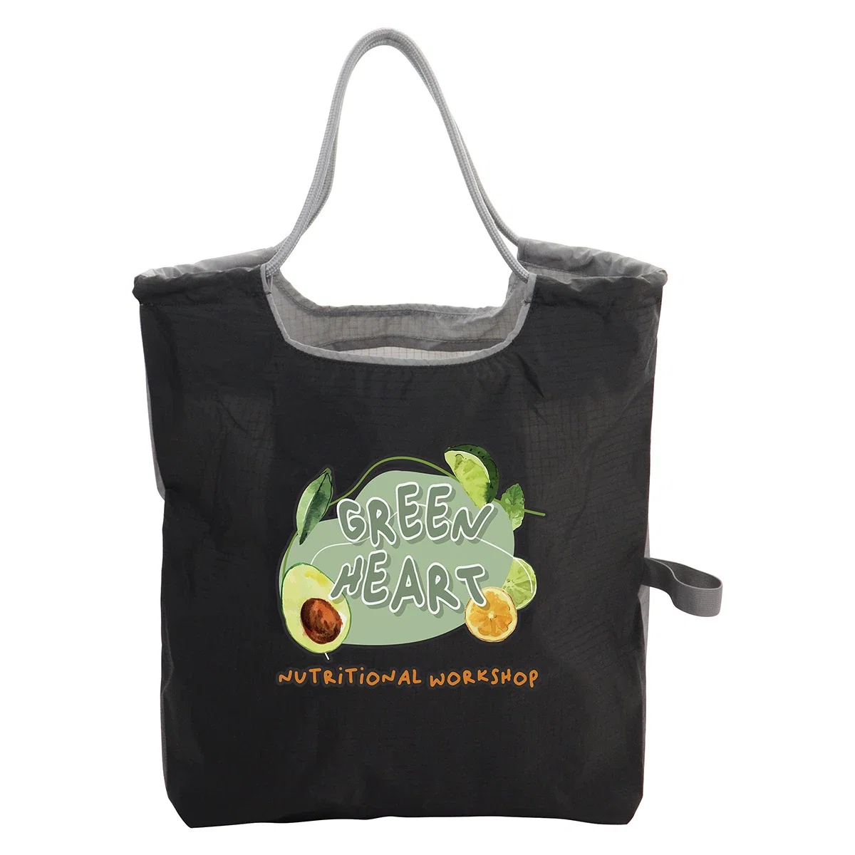 Close-up of the Boulevard Tote's cinch cord handles and branded imprint area