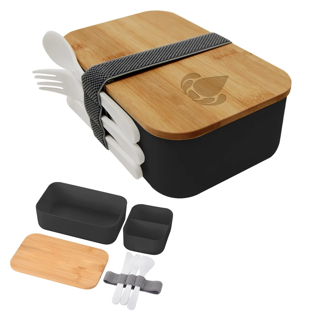 Bento lunch box held shut by a gray strap