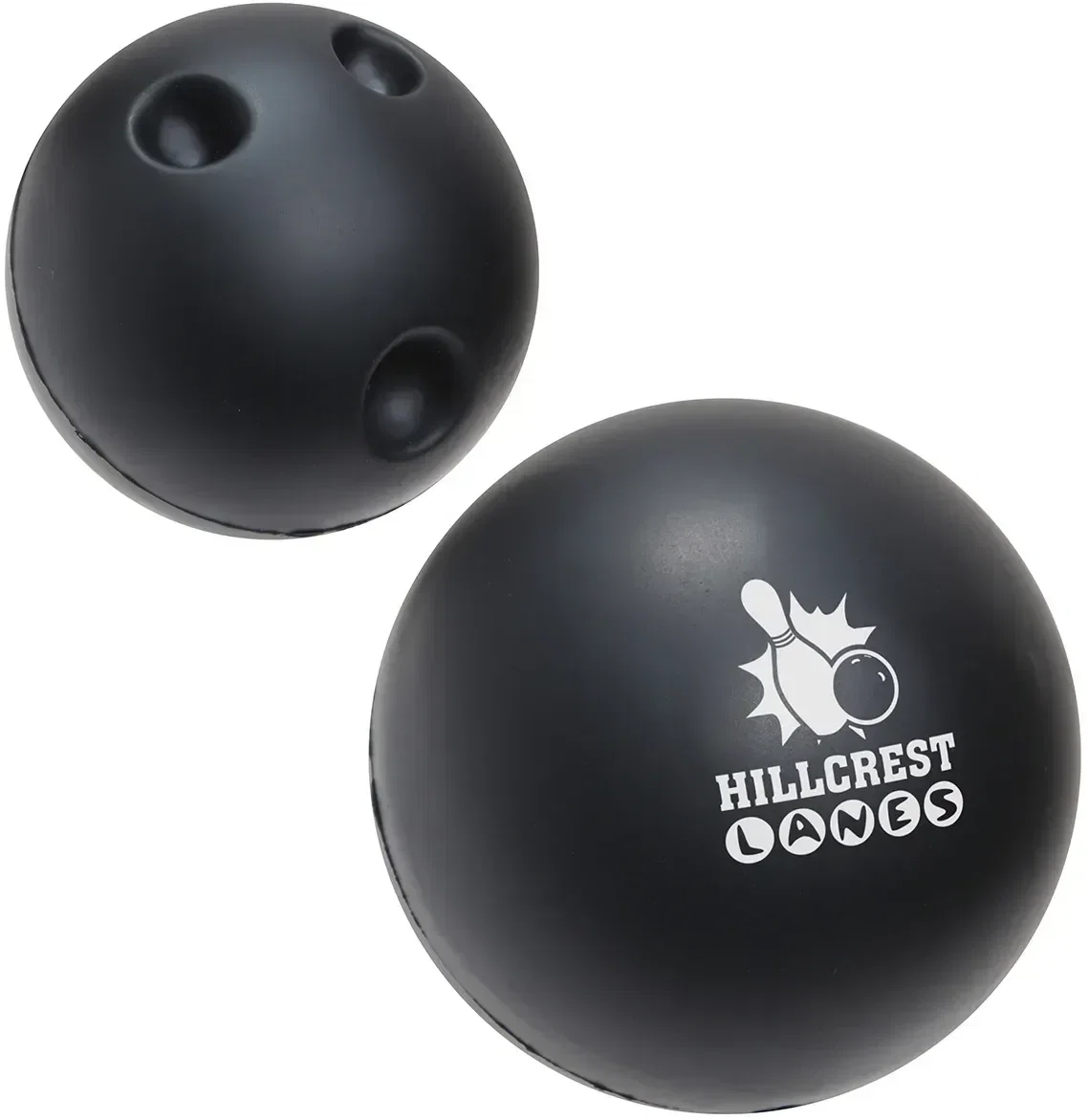 Bowling ball-shaped custom stress reliever squeeze toy with logo imprint, front view