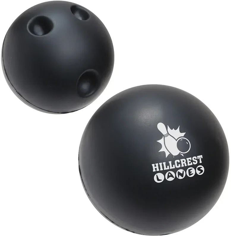 Bowling ball-shaped custom stress reliever squeeze toy with logo imprint, front view