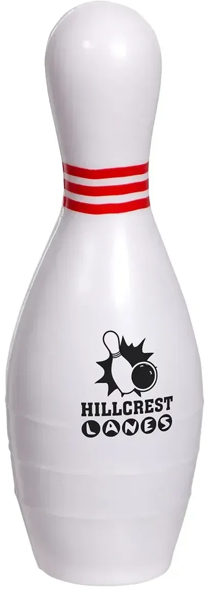 Bowling pin-shaped promotional stress ball for custom logo branding, front view