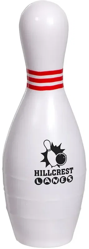 Bowling pin-shaped promotional stress ball for custom logo branding, front view
