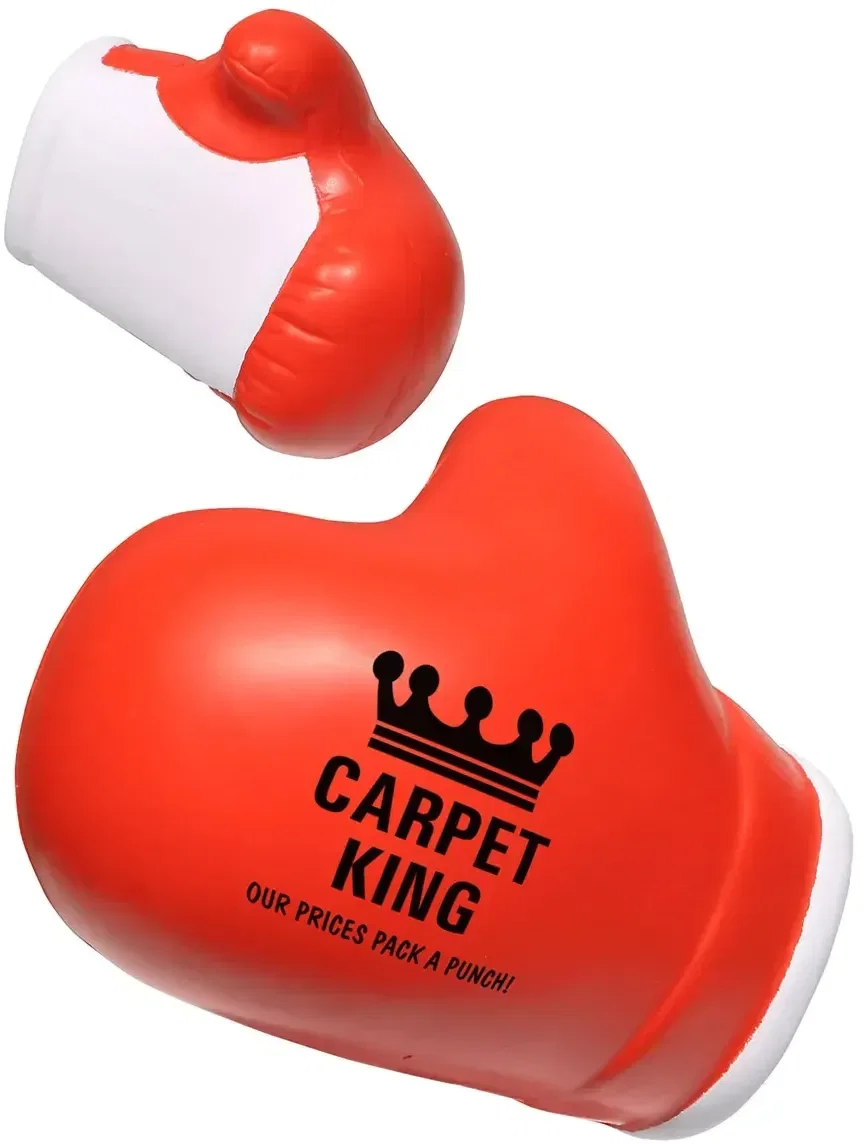 Branded boxing-glove stress ball, side detail of the custom promotional gym giveaway