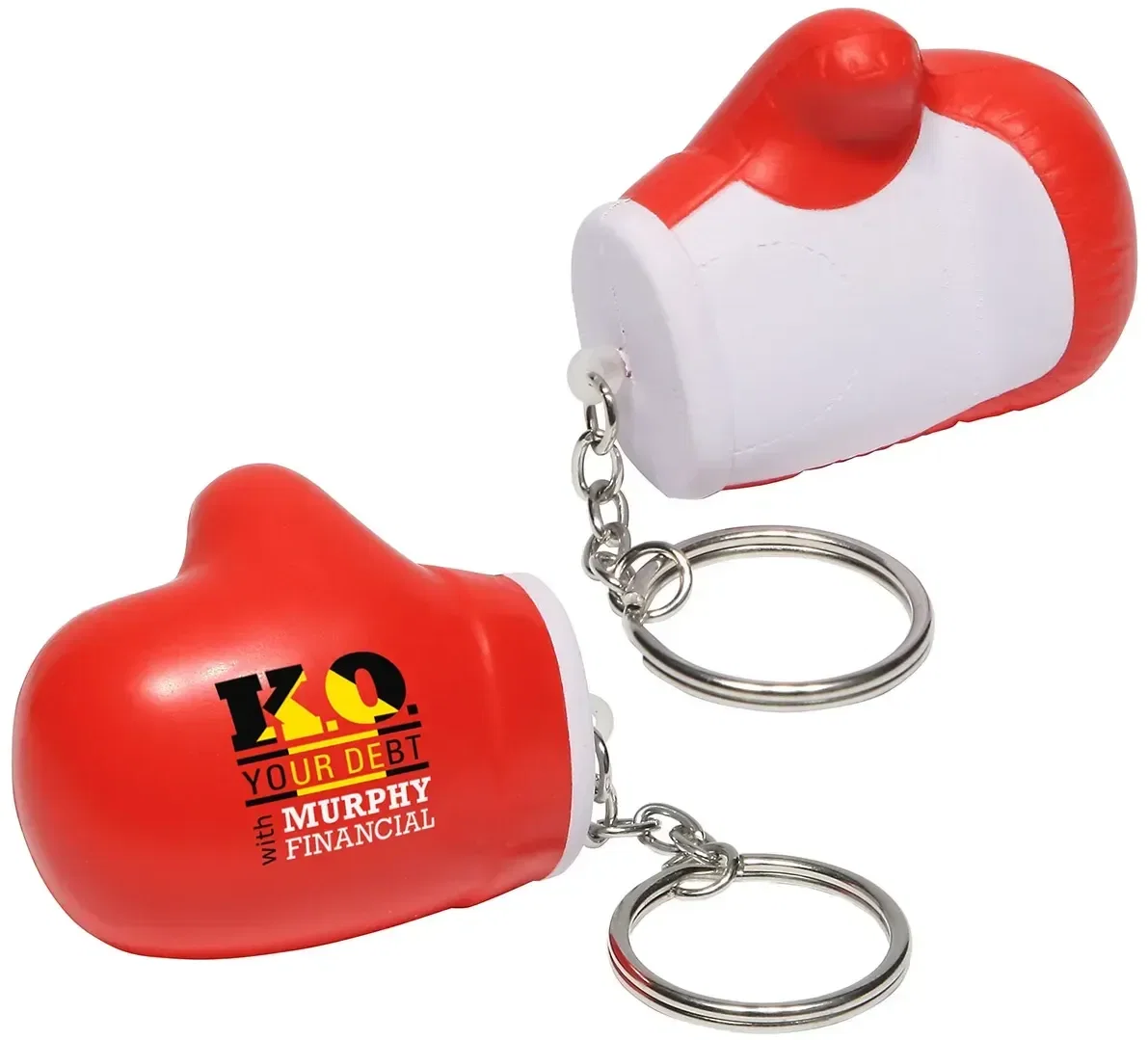 Boxing glove custom stress reliever keychain, branded gym squeeze toy with logo imprint, front view