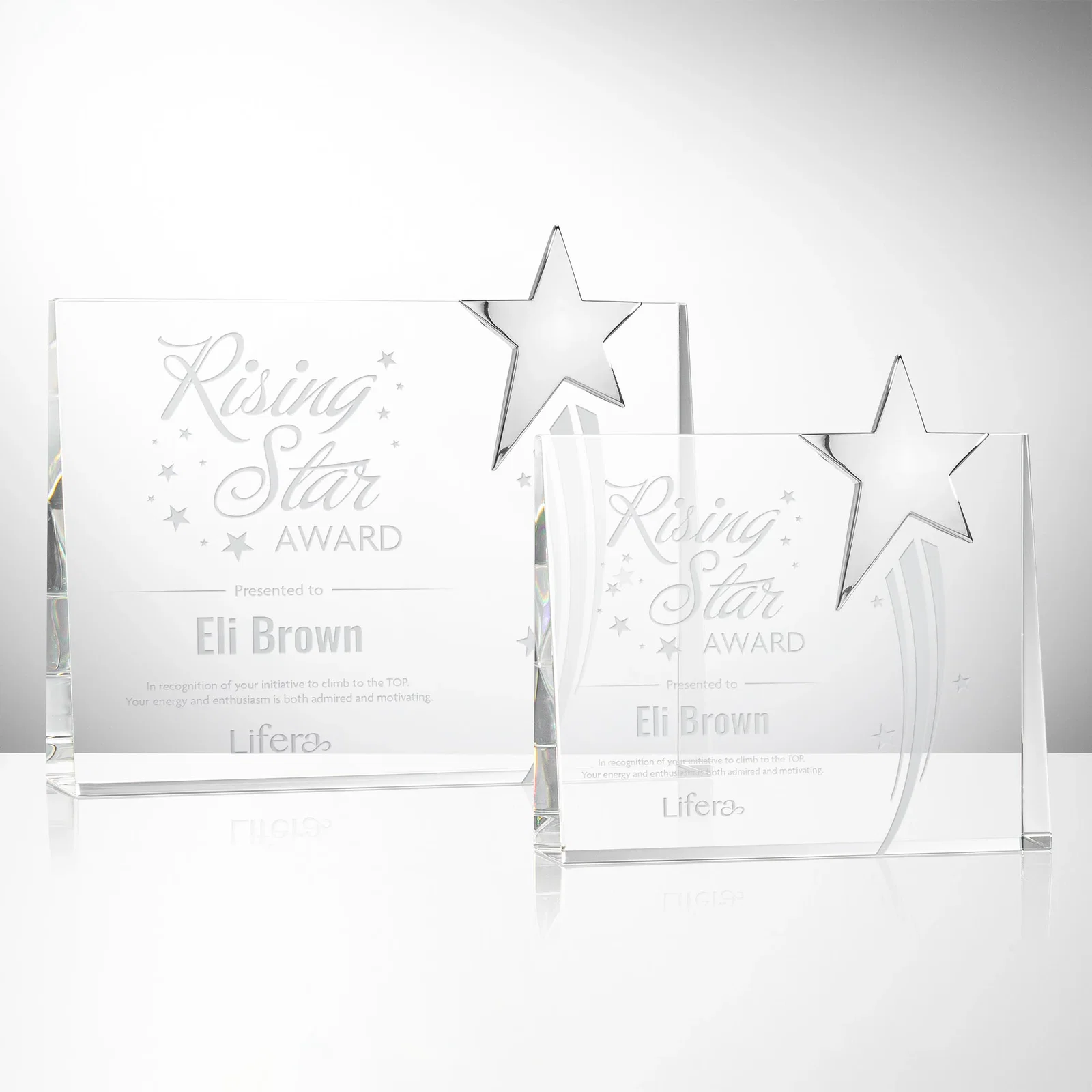 Custom Optical Crystal Rectangle Award with Chrome Star Corner for employee recognition