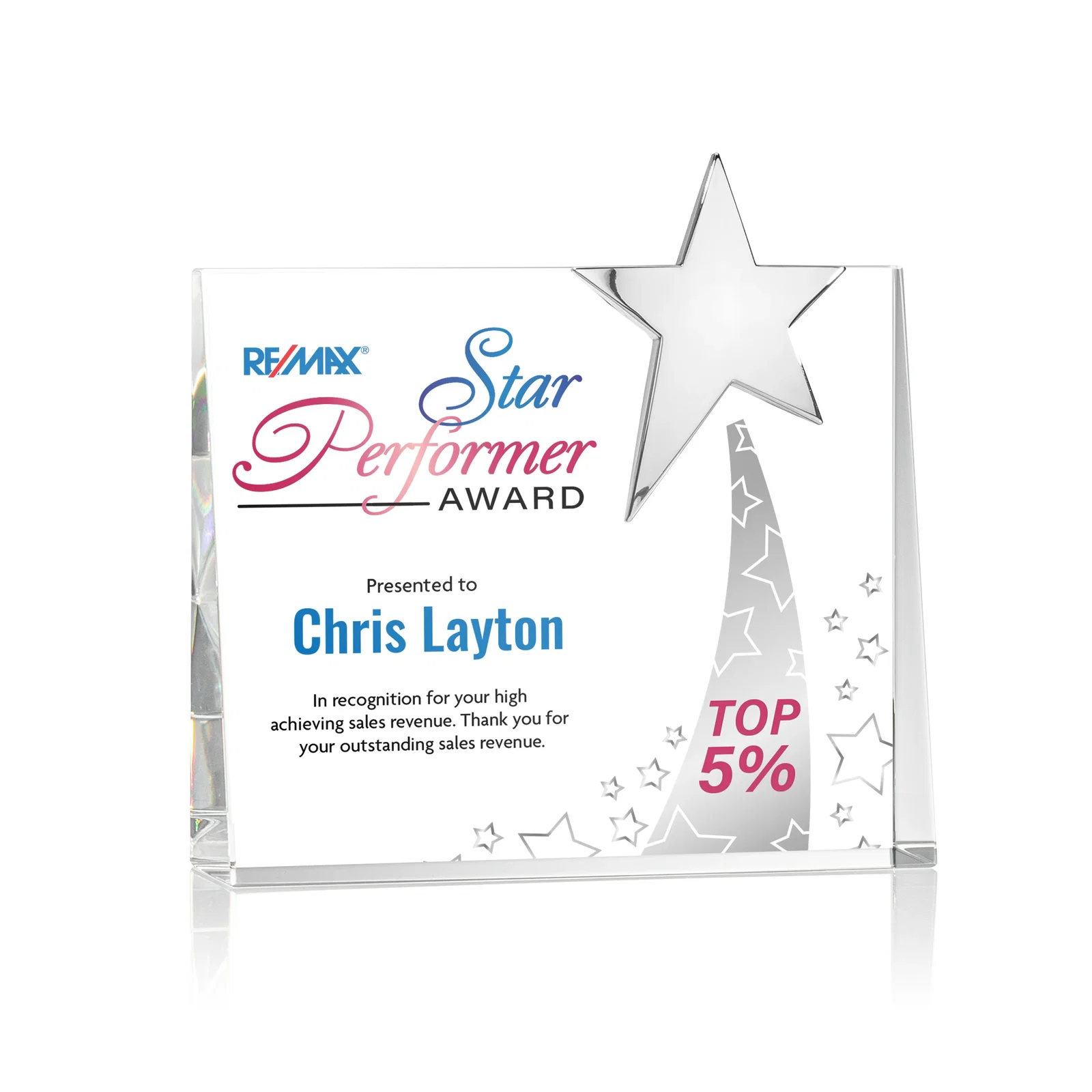 Custom Optical Crystal Rectangle Award with Chrome Star Corner for safety achievement programs
