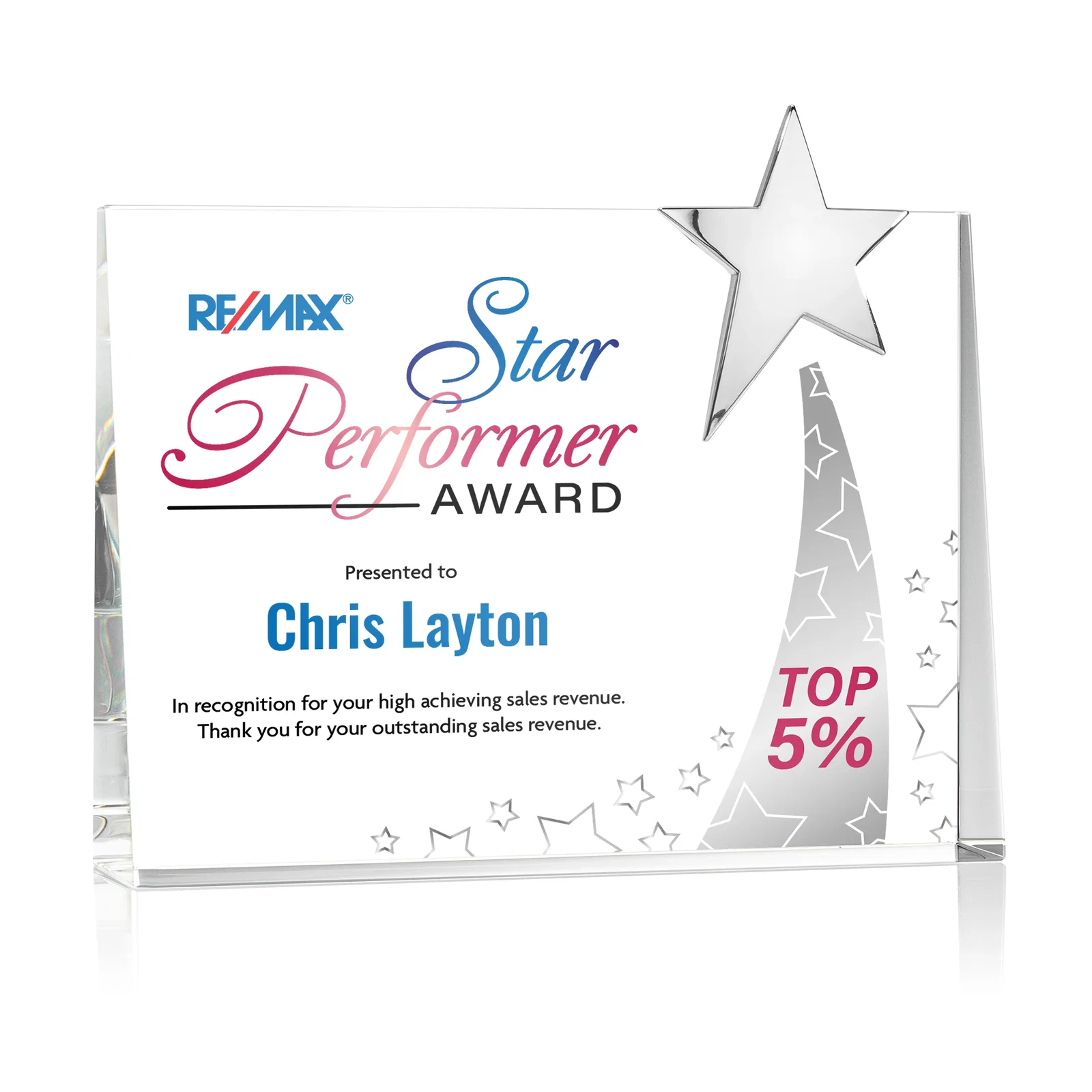 Custom Optical Crystal Rectangle Award with Chrome Star Corner for volunteer appreciation