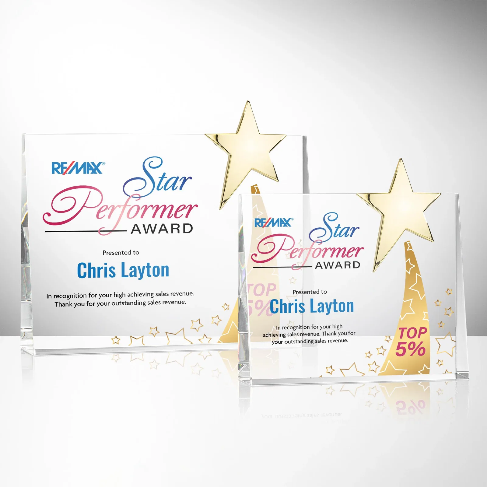 Custom Optical Crystal Rectangle Award with Chrome Star Corner for dealer and partner awards