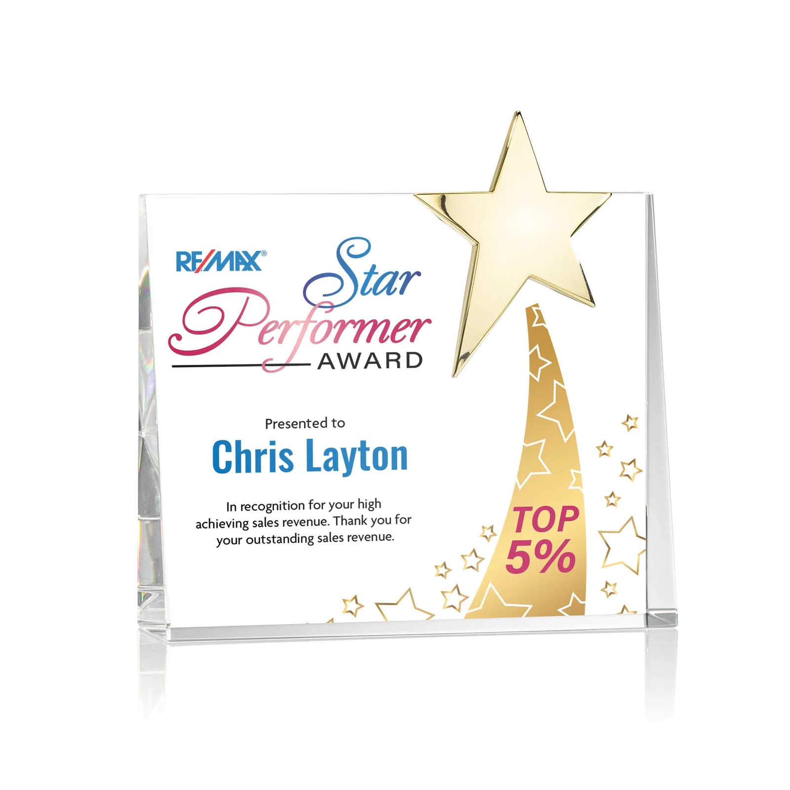 Custom Optical Crystal Rectangle Award with Chrome Star Corner for company anniversary events