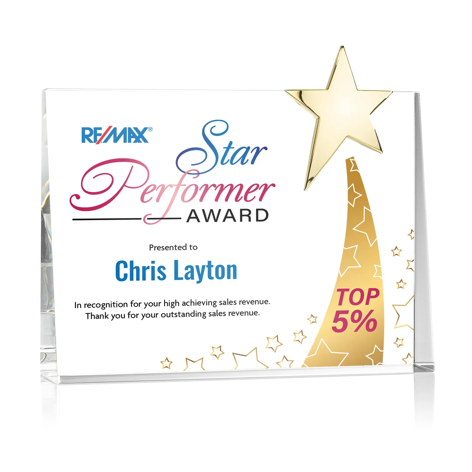 Personalized Optical Crystal Rectangle Award with Chrome Star Corner for employee recognition