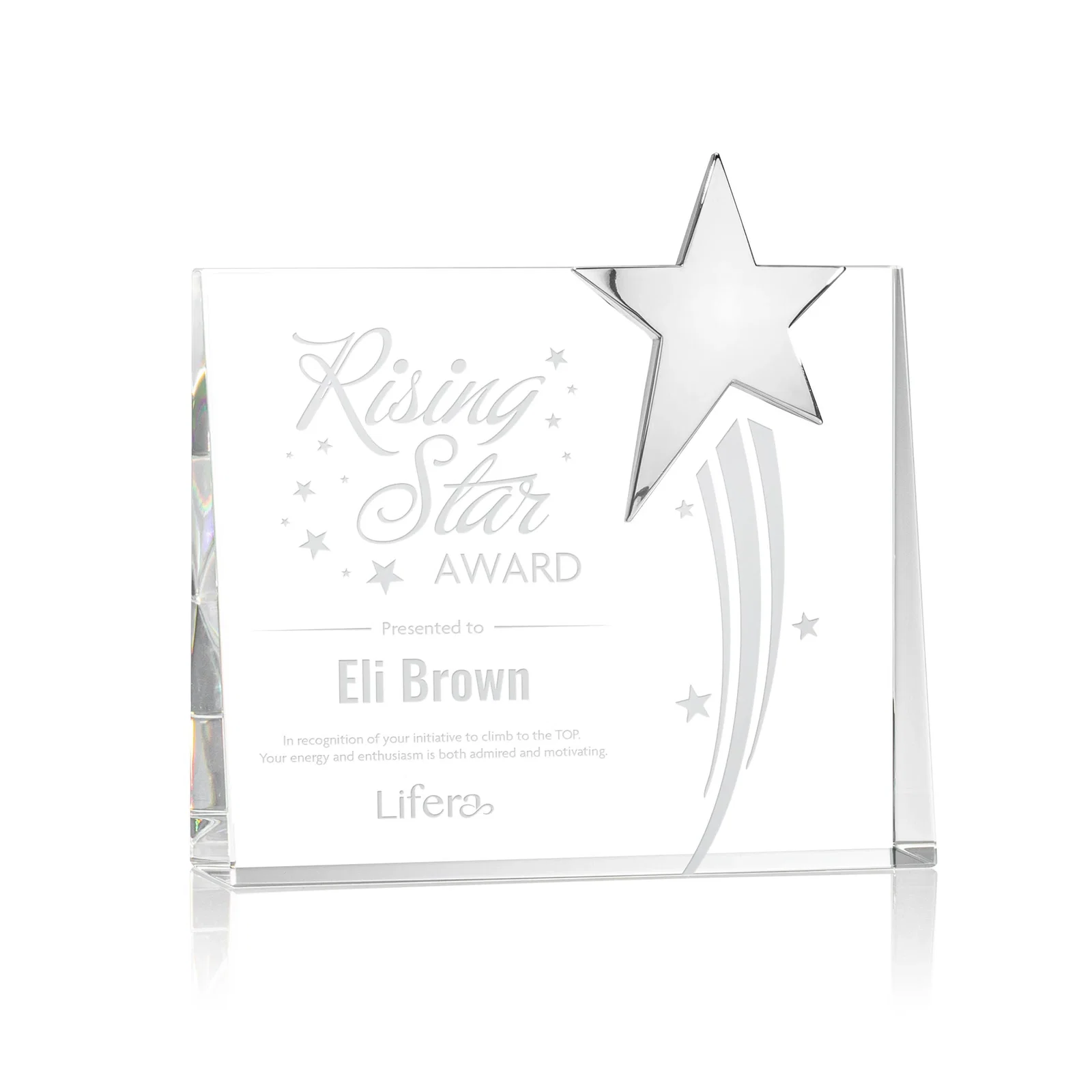 Custom Optical Crystal Rectangle Award with Chrome Star Corner for corporate award ceremonies