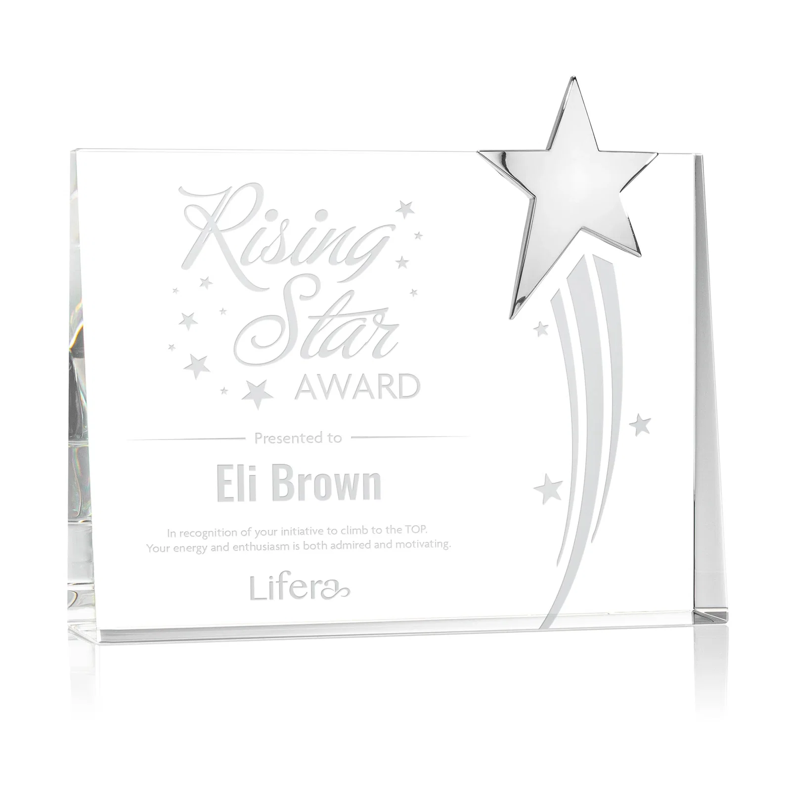 Custom Optical Crystal Rectangle Award with Chrome Star Corner for service anniversary gifts