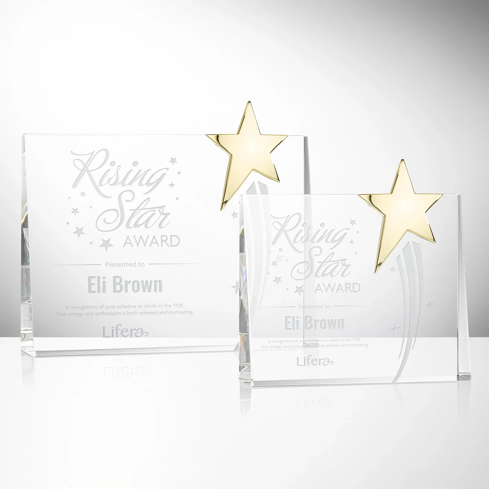 Custom Optical Crystal Rectangle Award with Chrome Star Corner for sales achievement awards