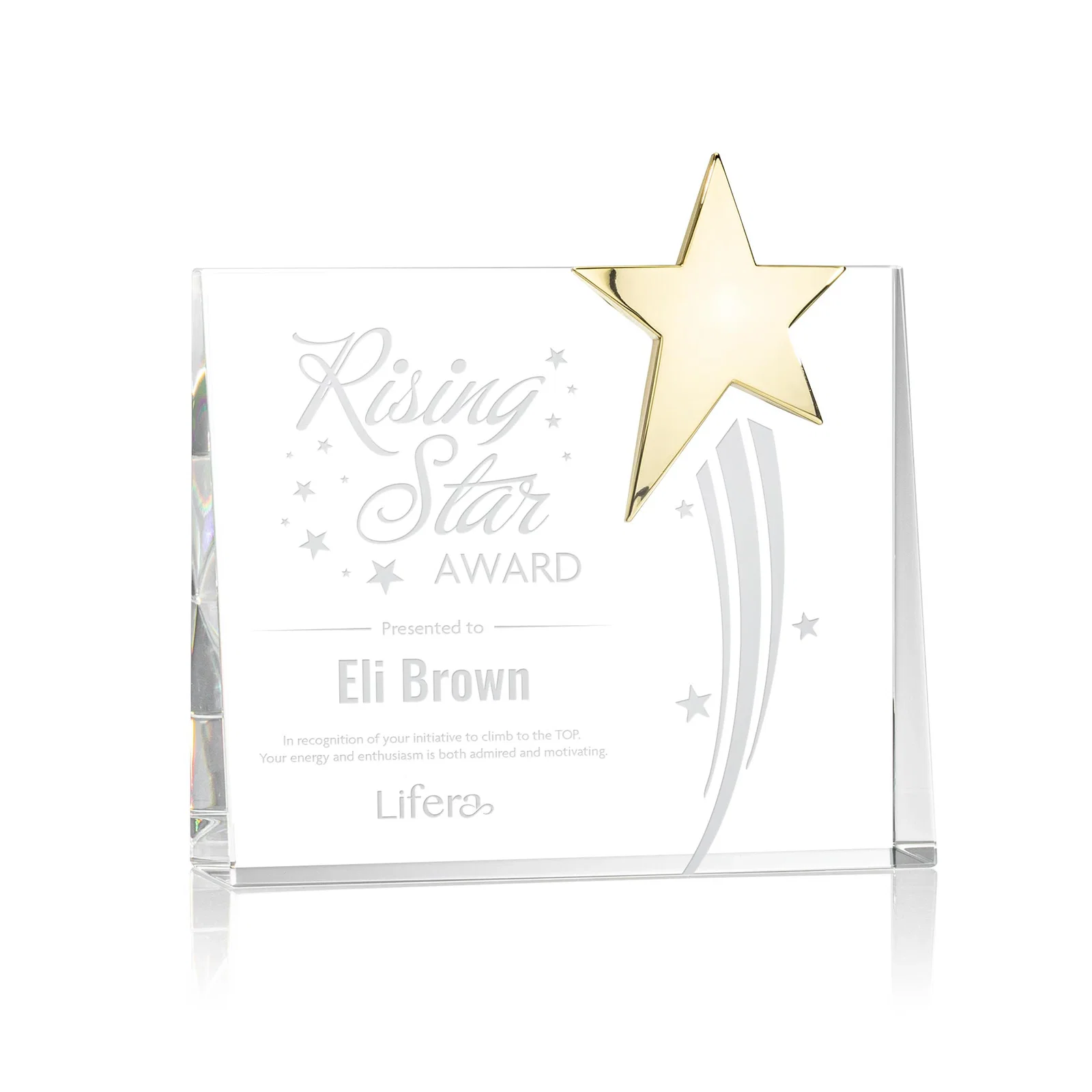 Custom Optical Crystal Rectangle Award with Chrome Star Corner for retirement presentations