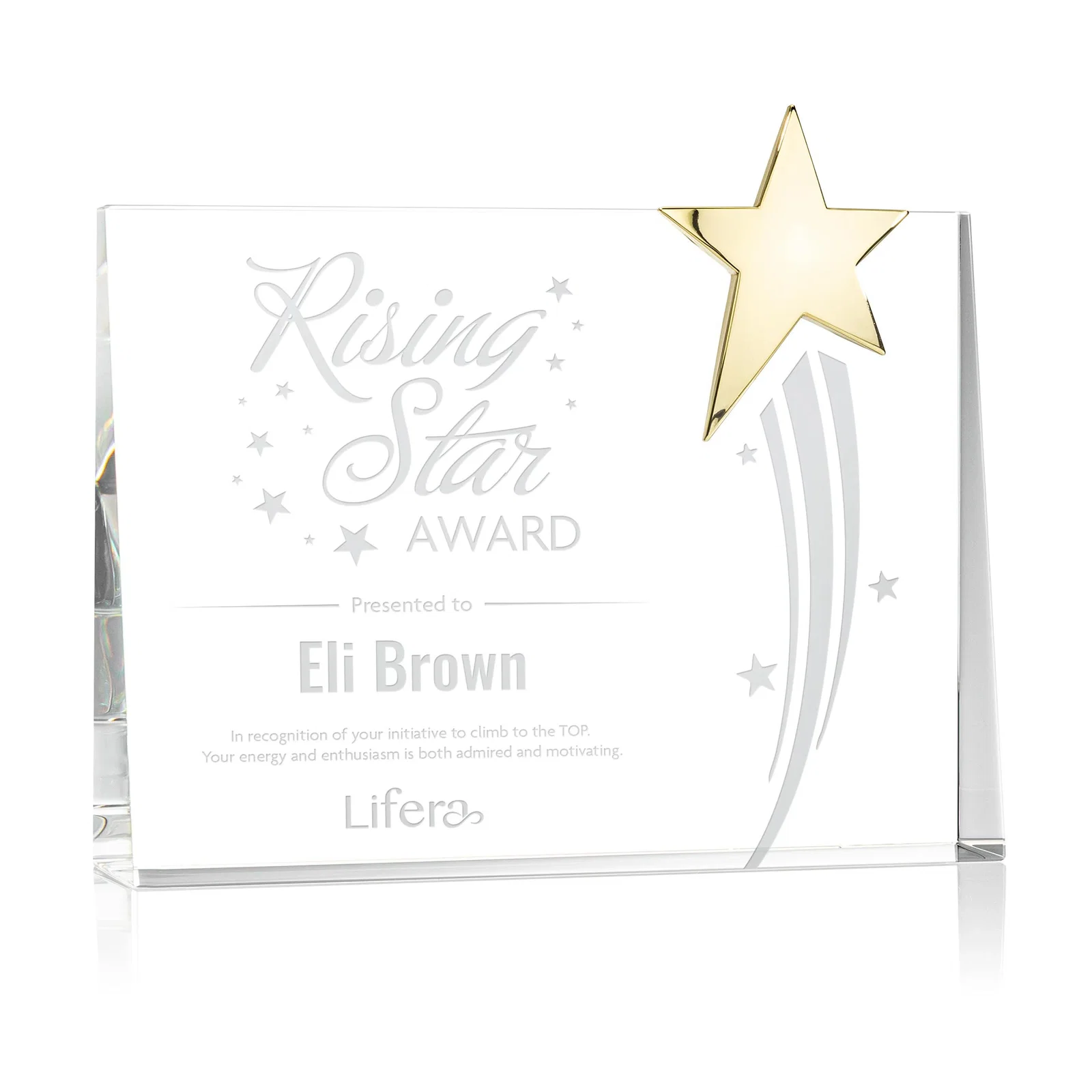 Custom Optical Crystal Rectangle Award with Chrome Star Corner for team milestone celebrations