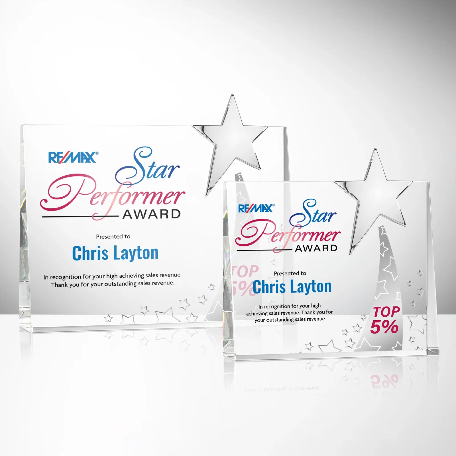 Custom Optical Crystal Rectangle Award with Chrome Star Corner for graduation ceremonies