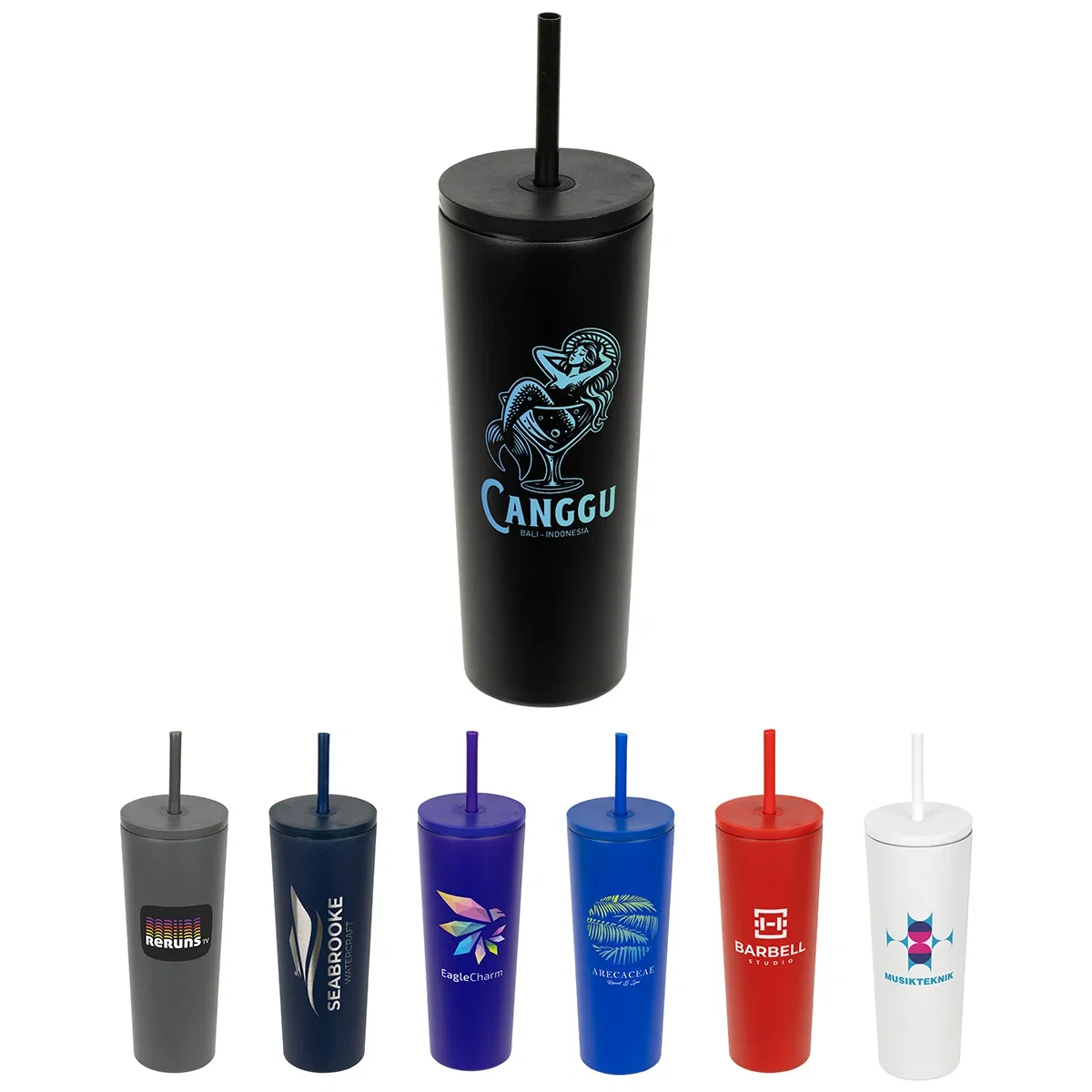 Custom Bradford 24 oz Vacuum Insulated Tumbler, front view of the branded stainless steel tumbler with straw